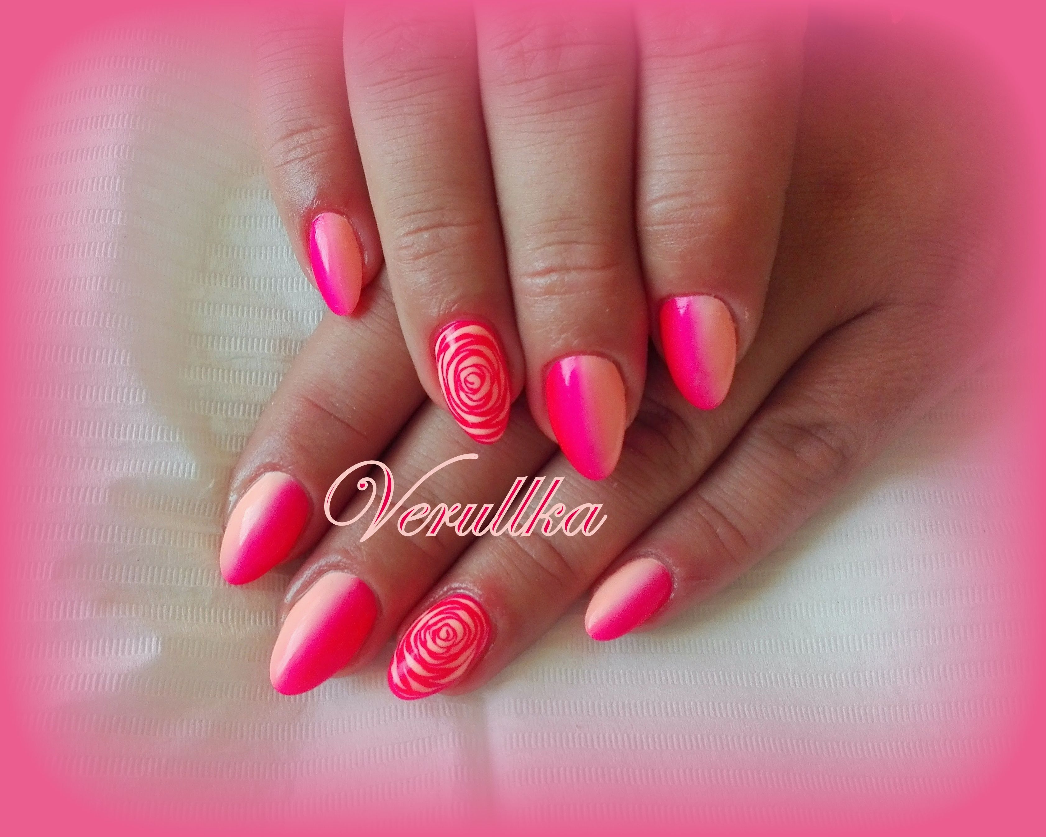 Pink And Peach Ombre On Gel Nails With Roses