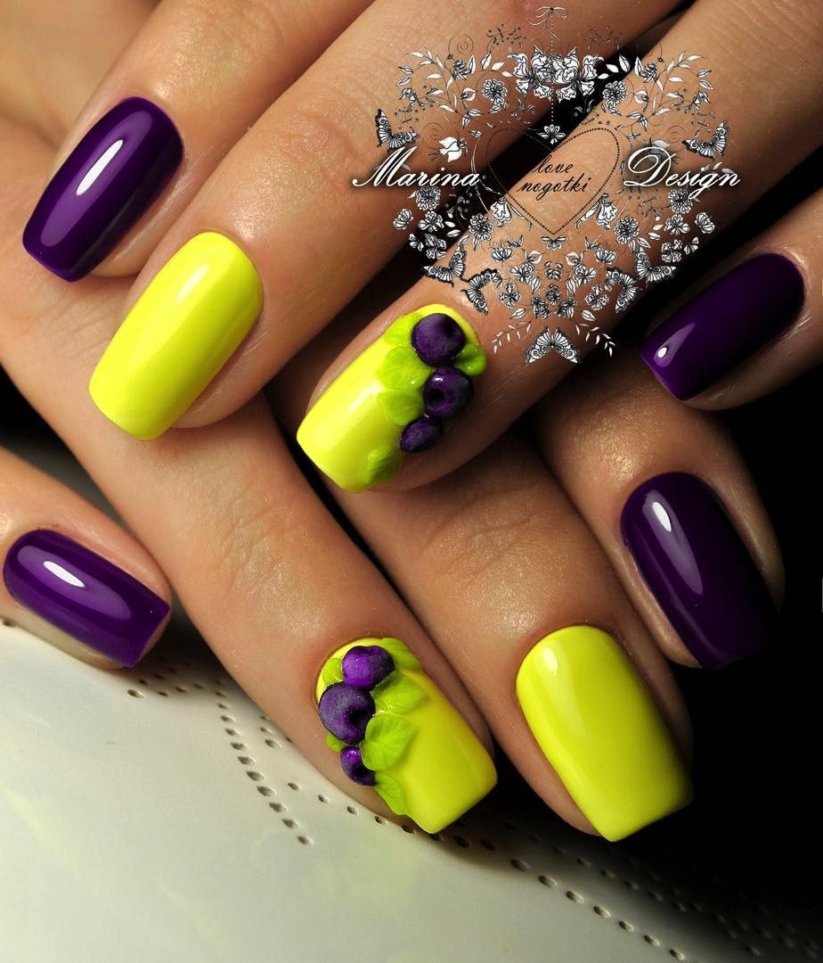 20 Skvelych Inspiracii Na Letne Nechty Ktore Si Zamilujete Yellow Nails Purple Nail Designs Yellow Nail Art