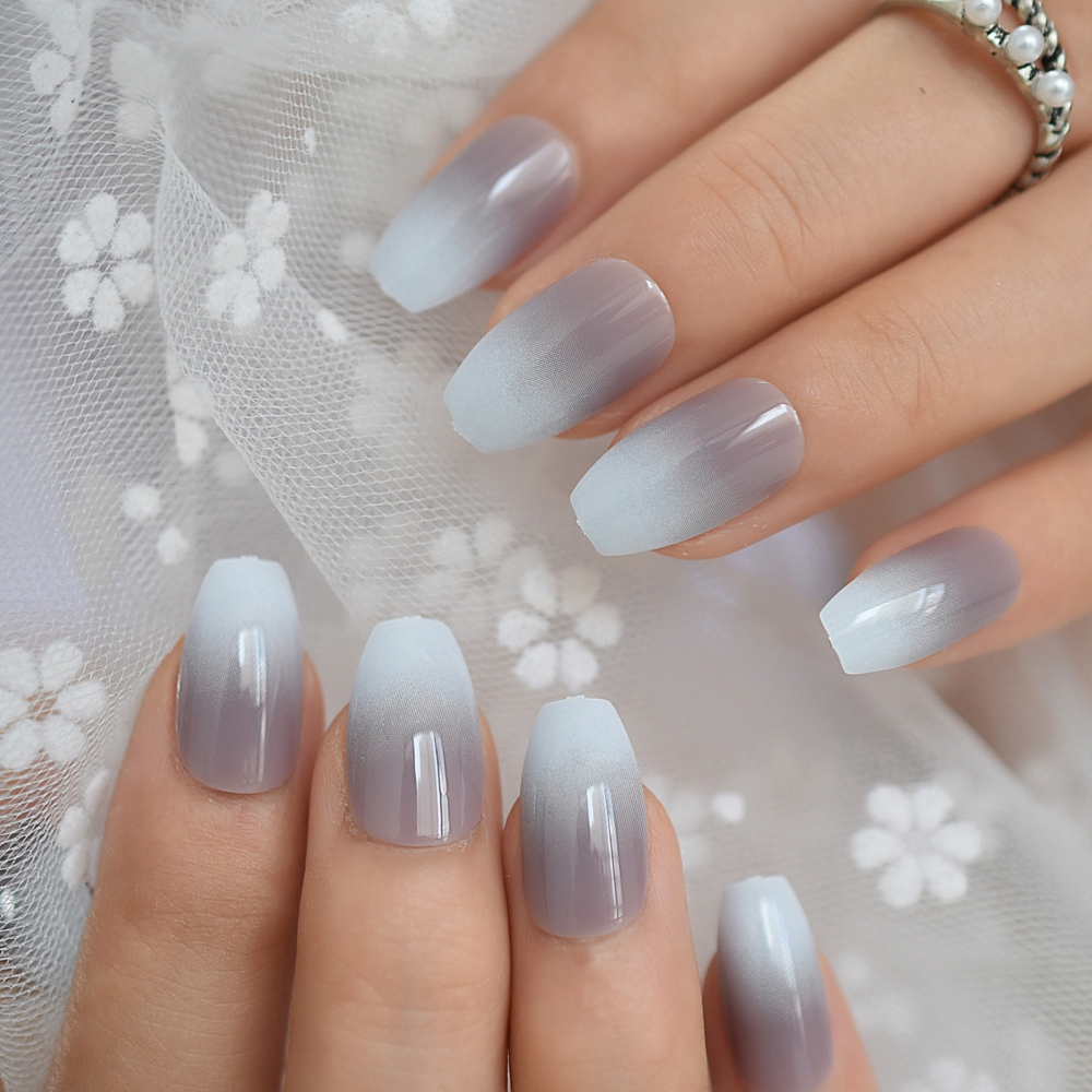24pcs Ballerina Ombre French Fake Nails Gradient Gray Coffin Flat Artificial False Nail Tips For Office Home Faux Ongle Sticker False Nails Aliexpress