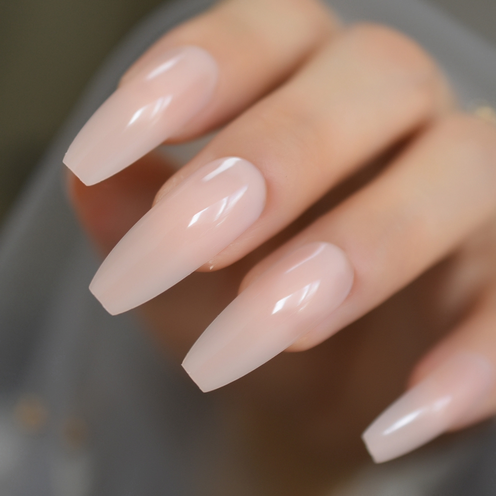 Glossy Nude Ballerina Press On False Nails Extra Long Natural Coffin Uv Fake Fingers Nails With Jelly Glue Sticker False Nails Aliexpress