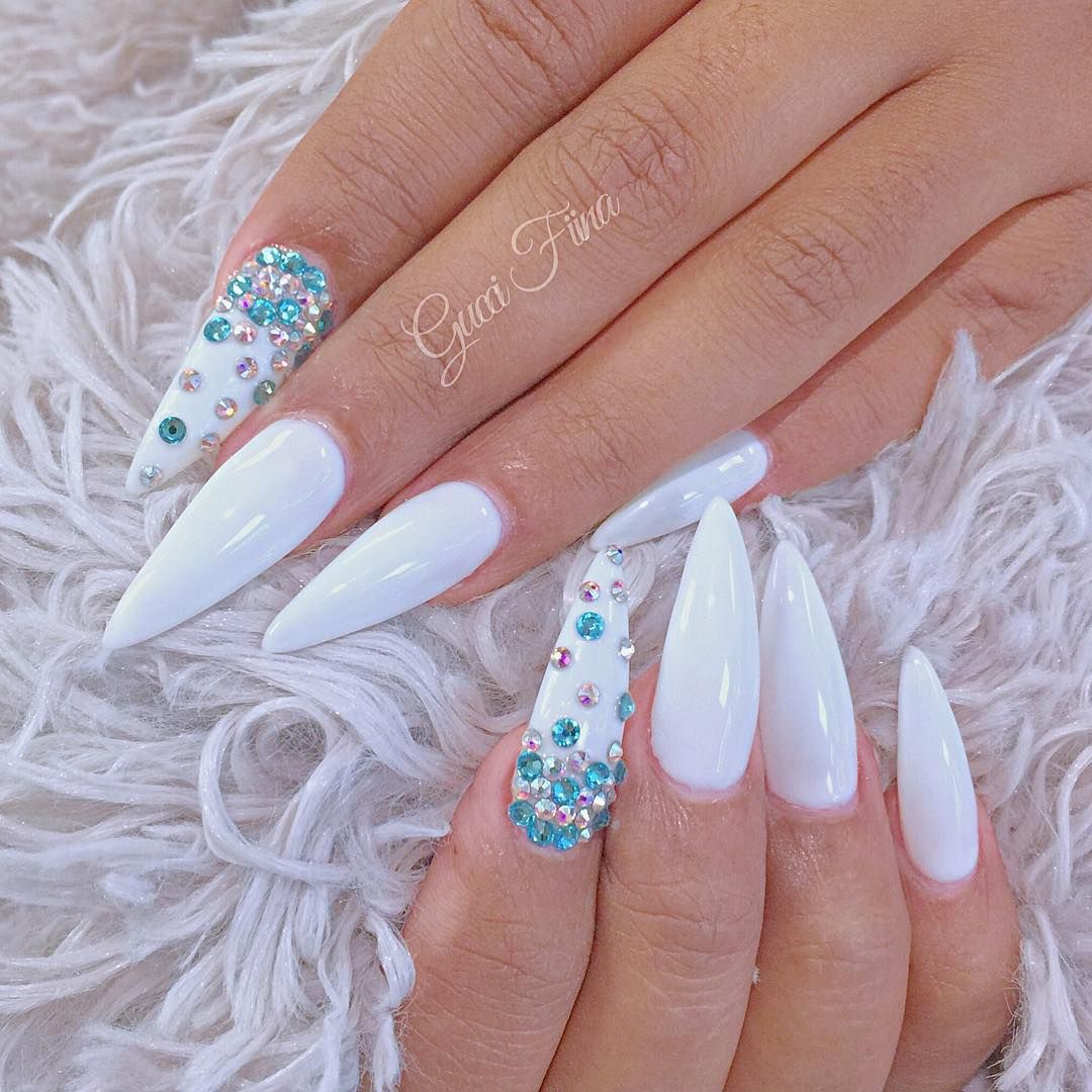 White Stiletto Nails With Tiffany Blue Rhinestones Design Nehtu Manikura Nehty