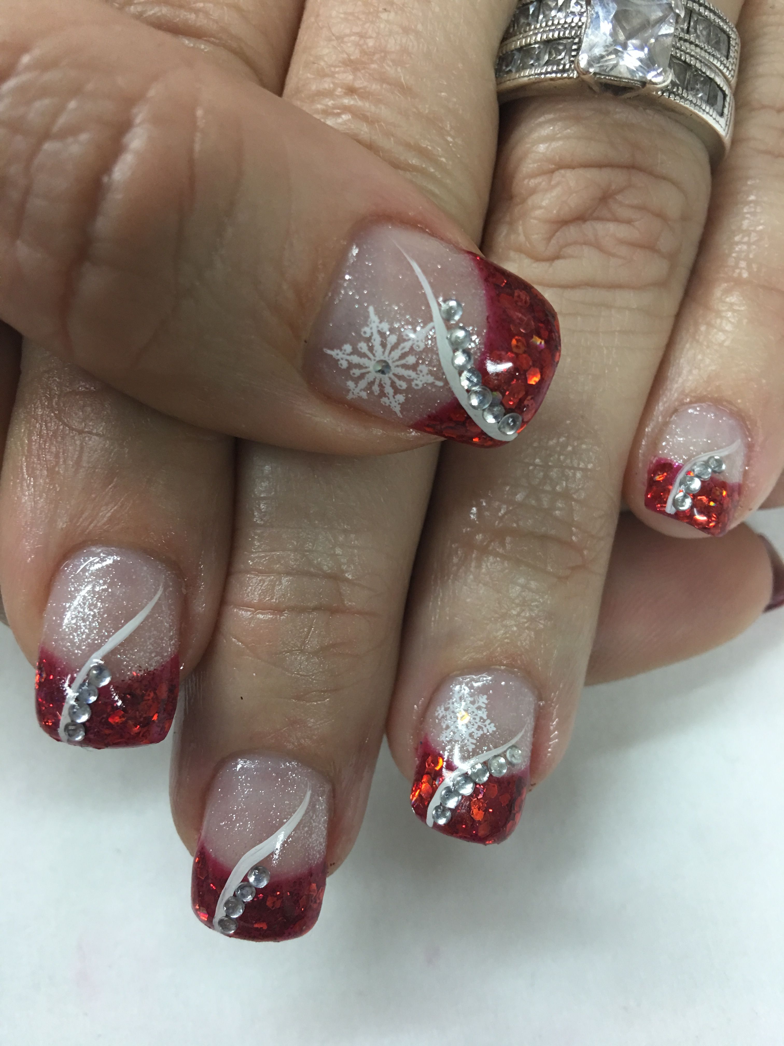 Red Glitter French Bling Rhinestones Snowflake Christmas Gel Nails Nehty