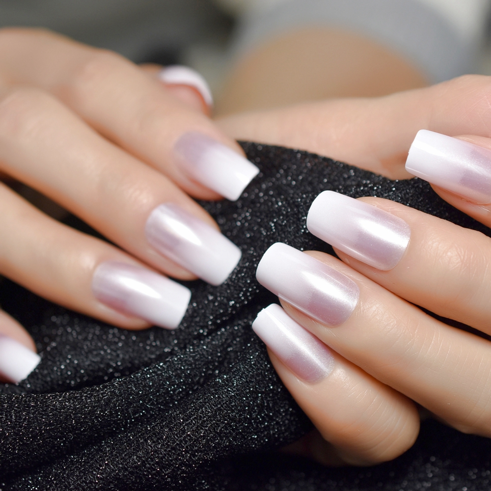 Pearl Shine Glossy Fake Nails Shimmer White Square Ombre French Nail Faux Ongles Gradient Medium Fingernails With Gluetabs Aliexpress