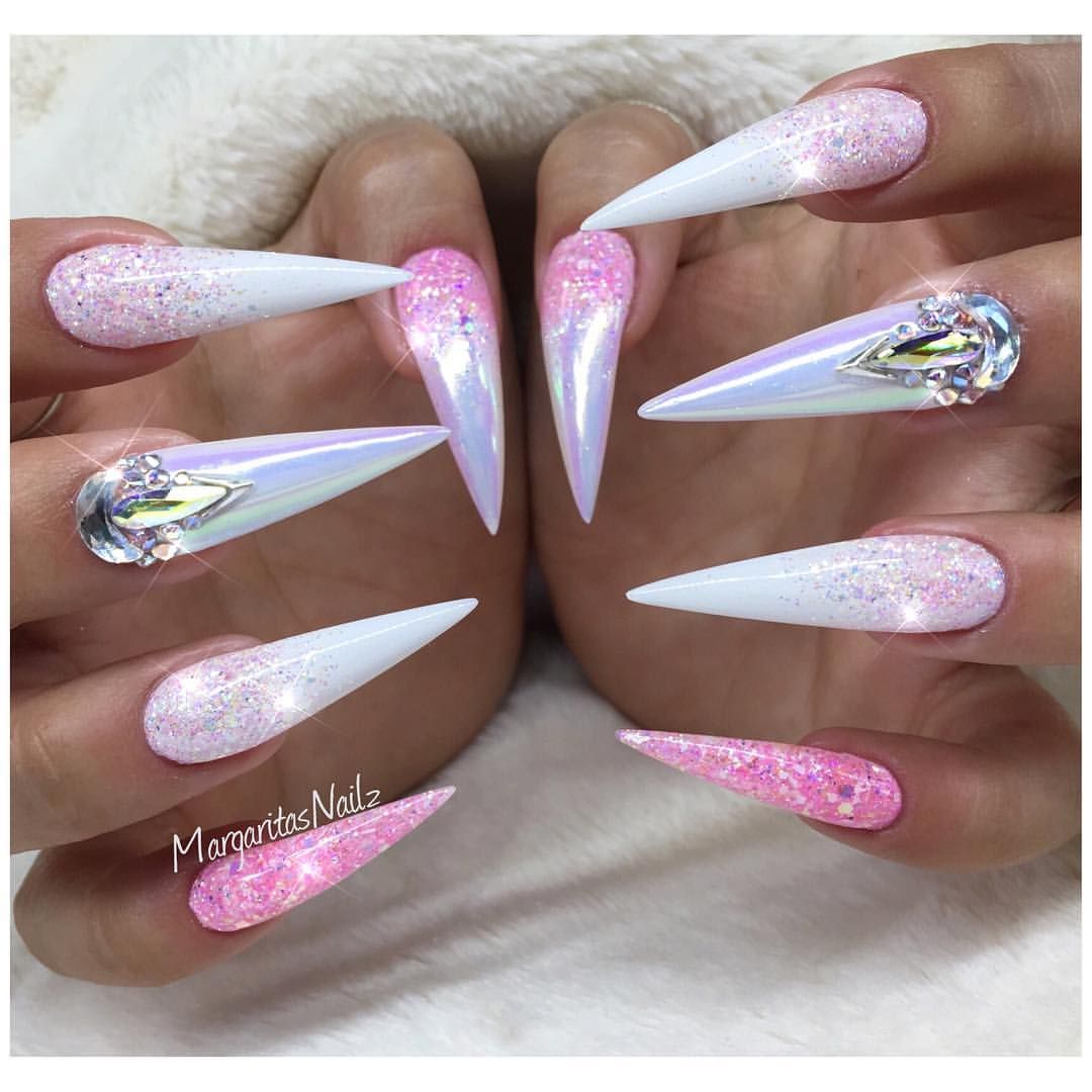 White Pink Glitter Ombre Stiletto Nails Unicorn Chrome Nail Art Design Swarovski Crystals Ongles Pointus Roses Nail Art Blanc Ongles En Gel Paillettes