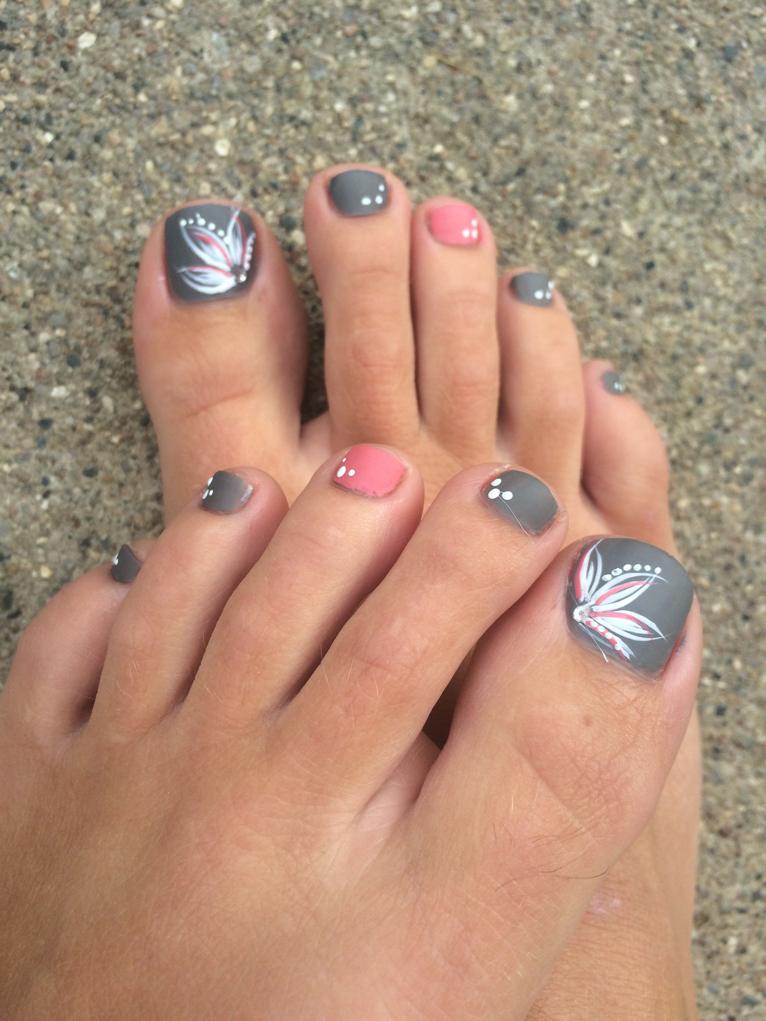 Grey Pink Toe Nails Flower Design Design Nehtu Gelove Nehty Pedikura