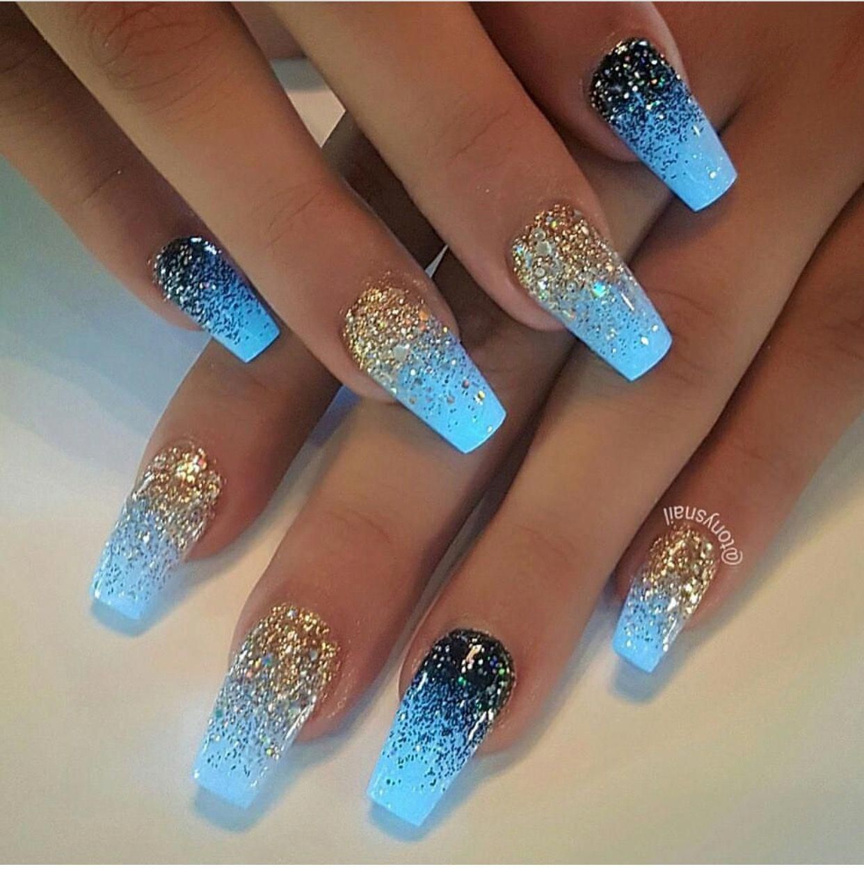 Blue Glow In The Dark Coffin Nails Manicure With Gold Glitter And Blue Glitter Ombre Effect Blue Manicure Mani Pedi Dlhe Nechty Nechtovy Dizajn Gelove Nechty